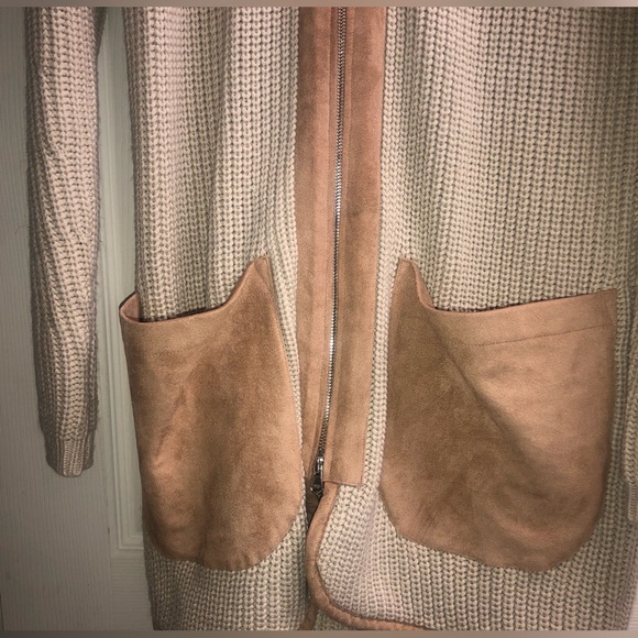 New York & Company tan sweater with faux suede trim & pockets in camel; - Picture 6 of 6